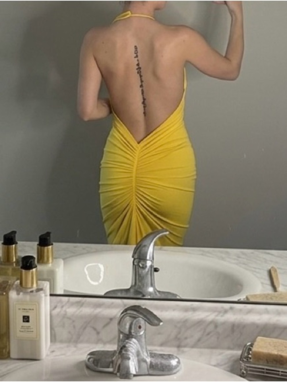 Backless Ruched Halter Dress - Yellow